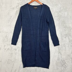 Ambiance Apparel Navy Blue Waffle knit long open cardigan sweater size Small